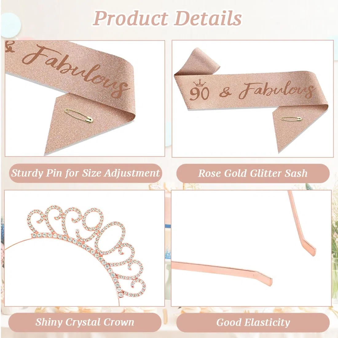 Fascia e Corona per Compleanno Donna, 90 Anni, Oro Rosa, Decorazioni per Torta, Regalo per il 90° Compleanno da Donna