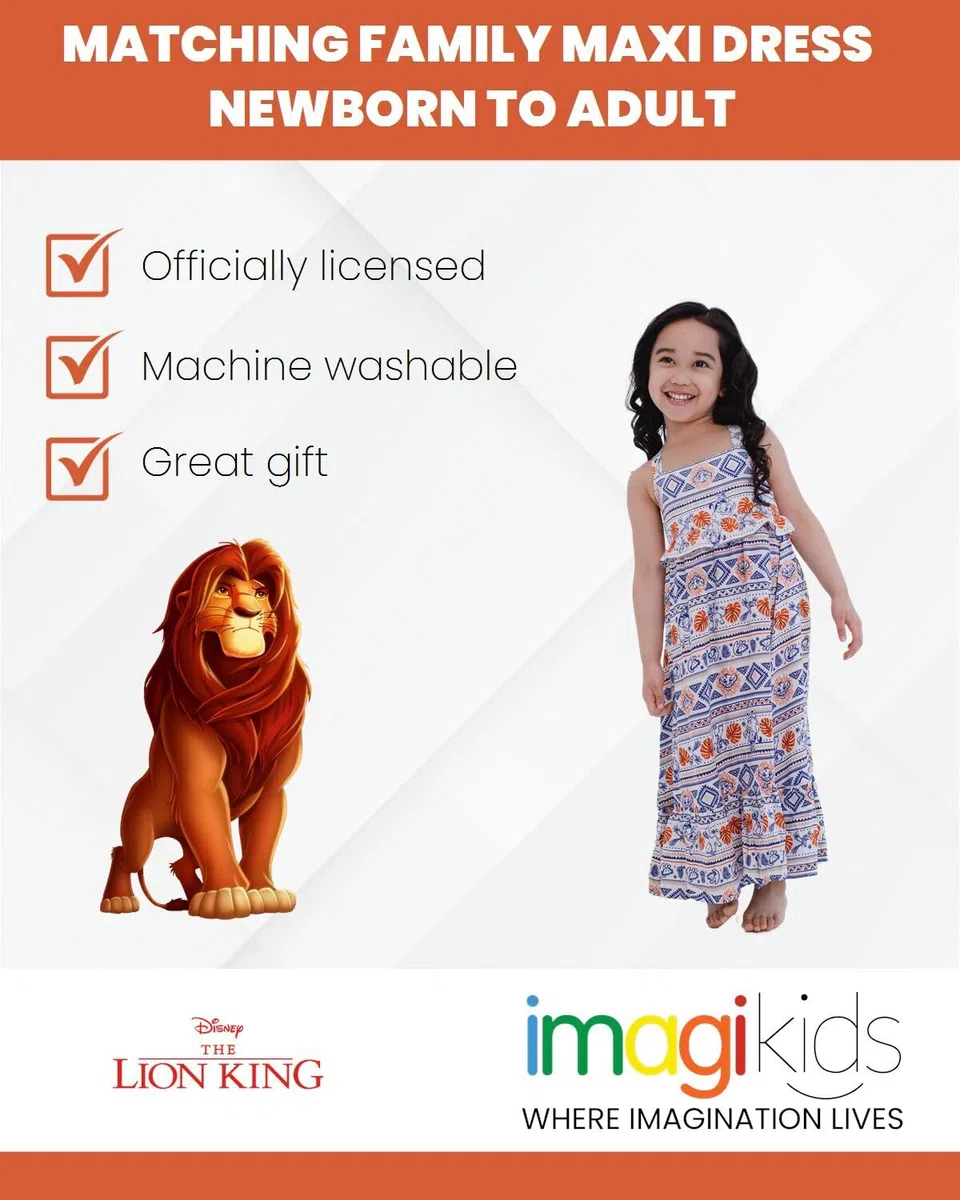 Disney Tutina coordinata con stampa geografica Re Leone Mommy & Me, maxi vestito e pantaloni, per neonati e adulti