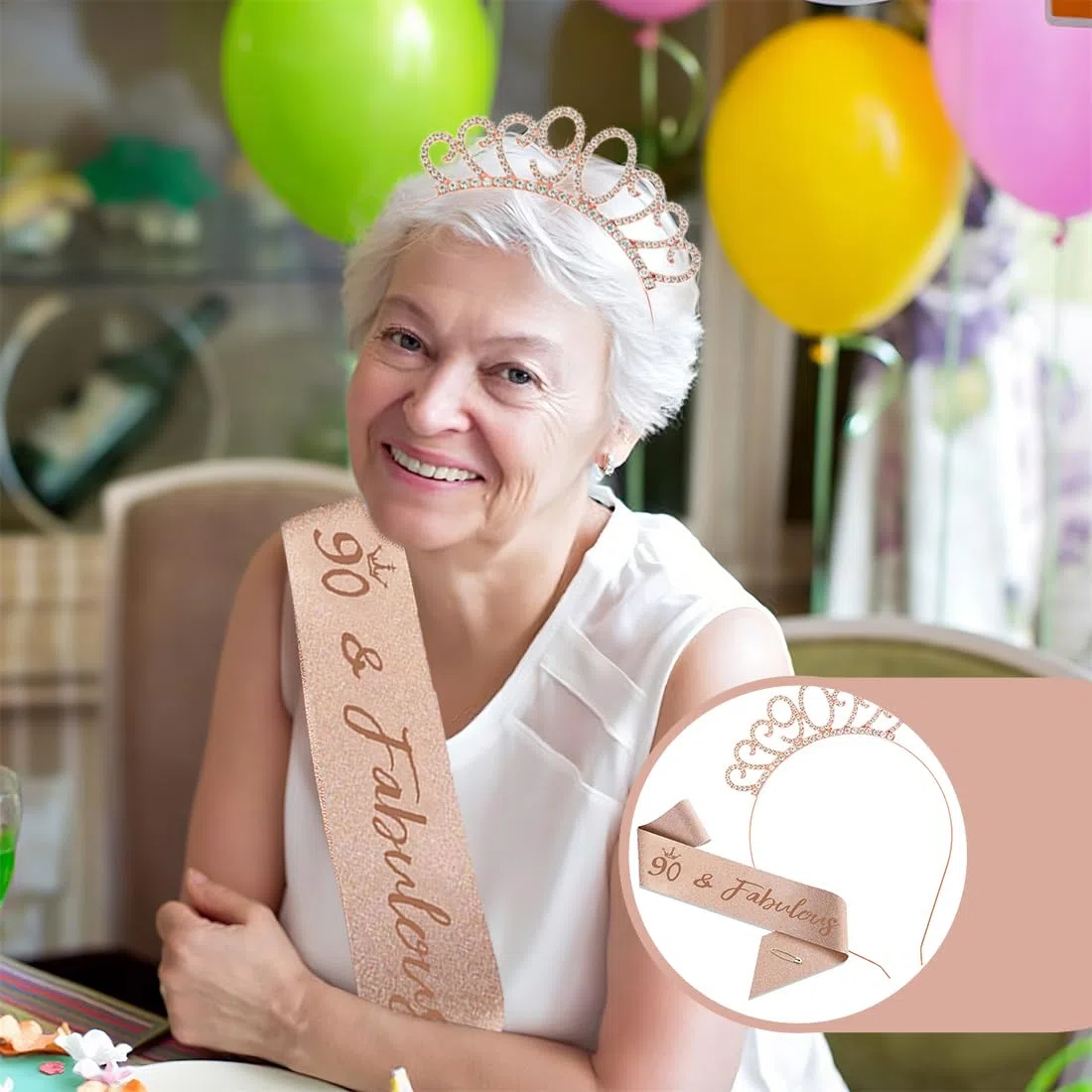 Fascia e Corona per Compleanno Donna, 90 Anni, Oro Rosa, Decorazioni per Torta, Regalo per il 90° Compleanno da Donna