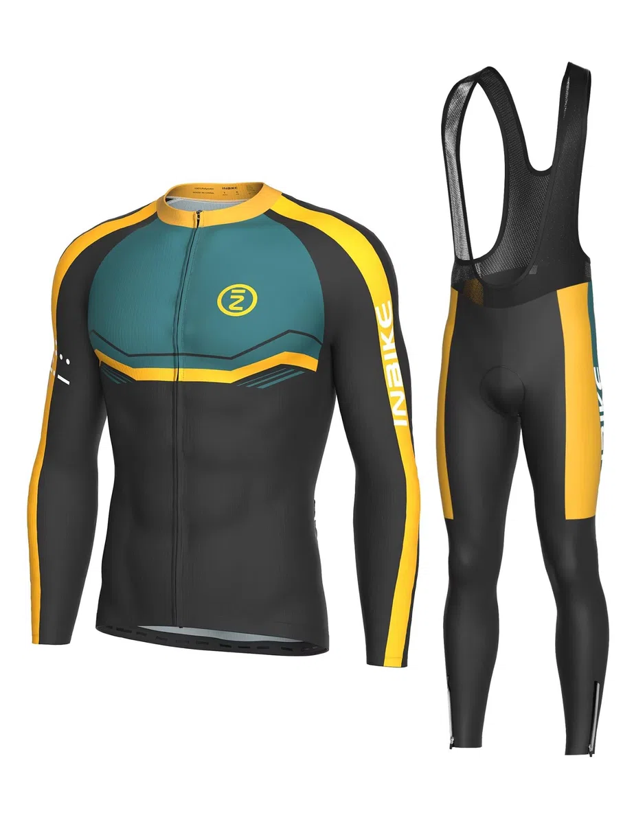 INBIKE Set di abbigliamento da ciclismo da uomo, maglia a maniche lunghe con 3 tasche posteriori, pantaloni da ciclismo imbottiti 3D traspiranti