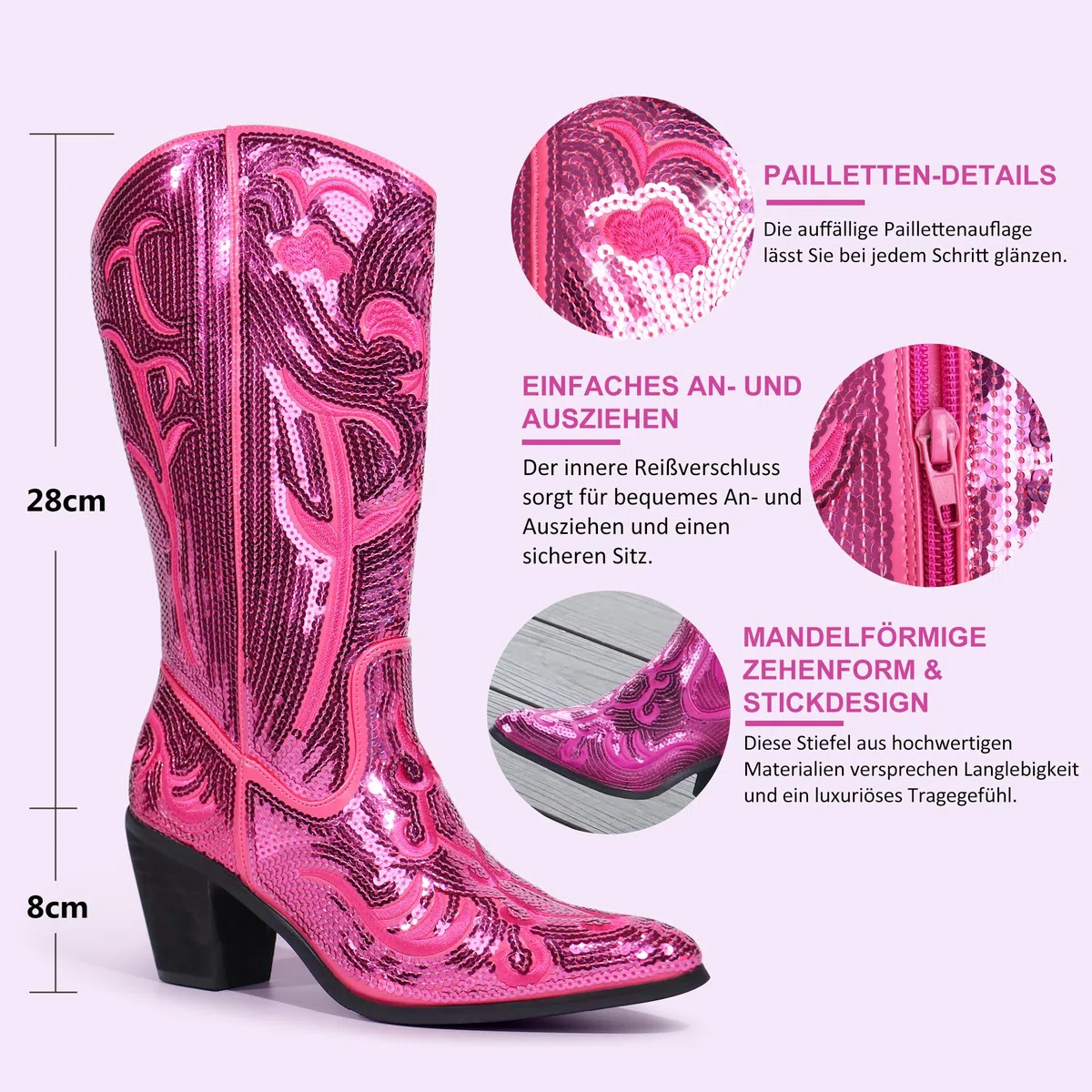 Hawkwell Stivali da cowboy da donna con paillettes, lunghezza al polpaccio, alla moda, con cerniera, punta a punta, ricamati
