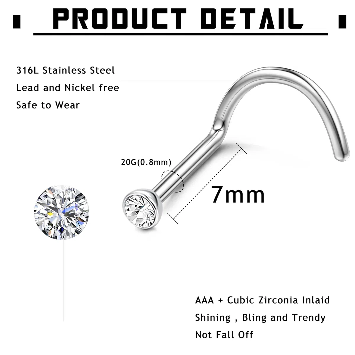 LOLIAS 20G Piercing Naso Acciaio Chirurgico Donna Uomo Nose Stud Ring Screw Piercing Naso Diamond CZ Brillantino Nostril Piercing Argento