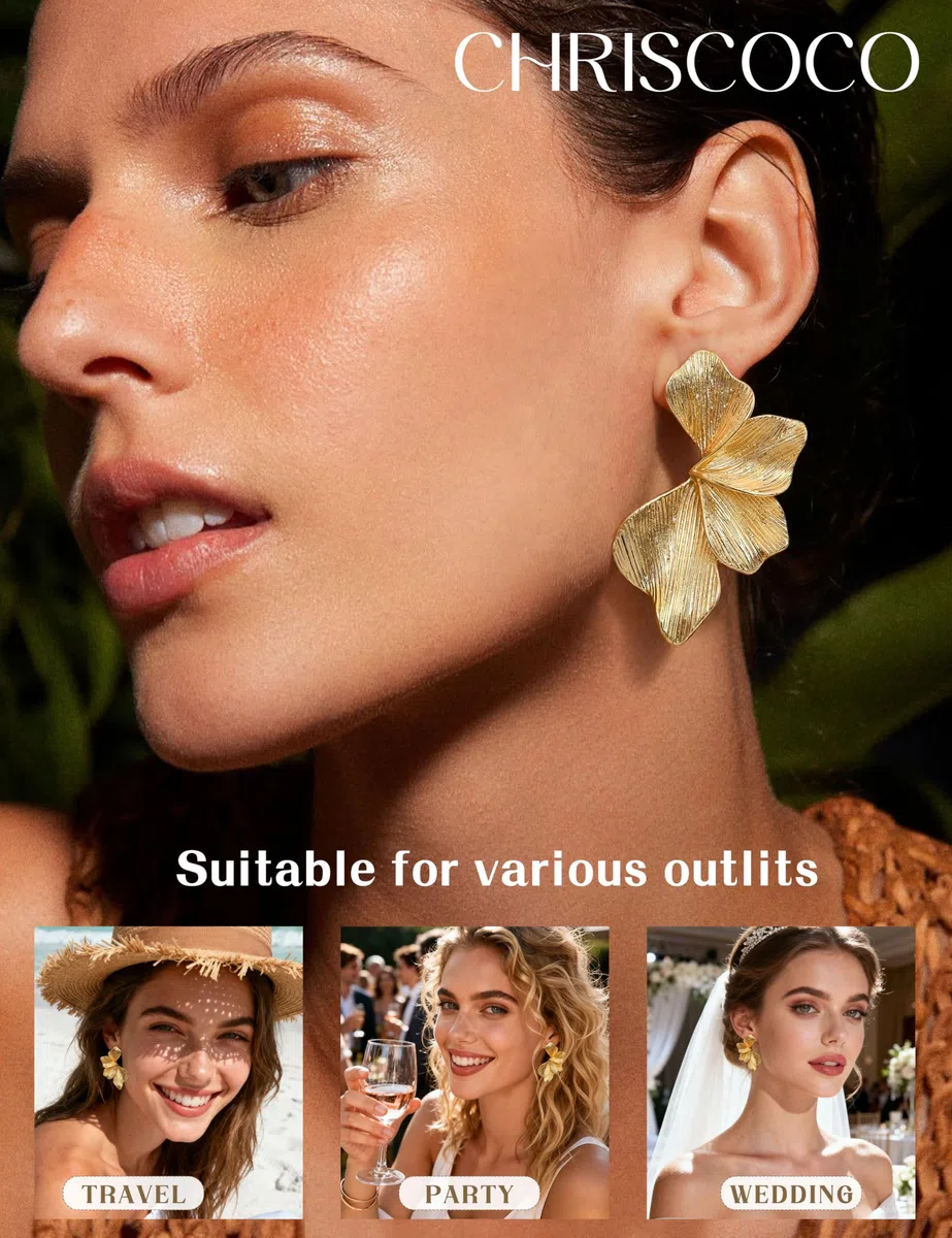 Chriscoco Orecchini Fiore Argento 925 Spillone Placcati Oro 14K Orecchini Statement Grandi Ipoallergenici Orecchino a Fiore Pendenti Donna Petalo Leggeri Gioielli Boho