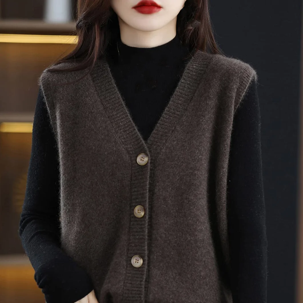 Ownwfeat Gilet in Maglia Cardigan Senza Maniche con Bottoni in Lana con Scollo A V da Donna