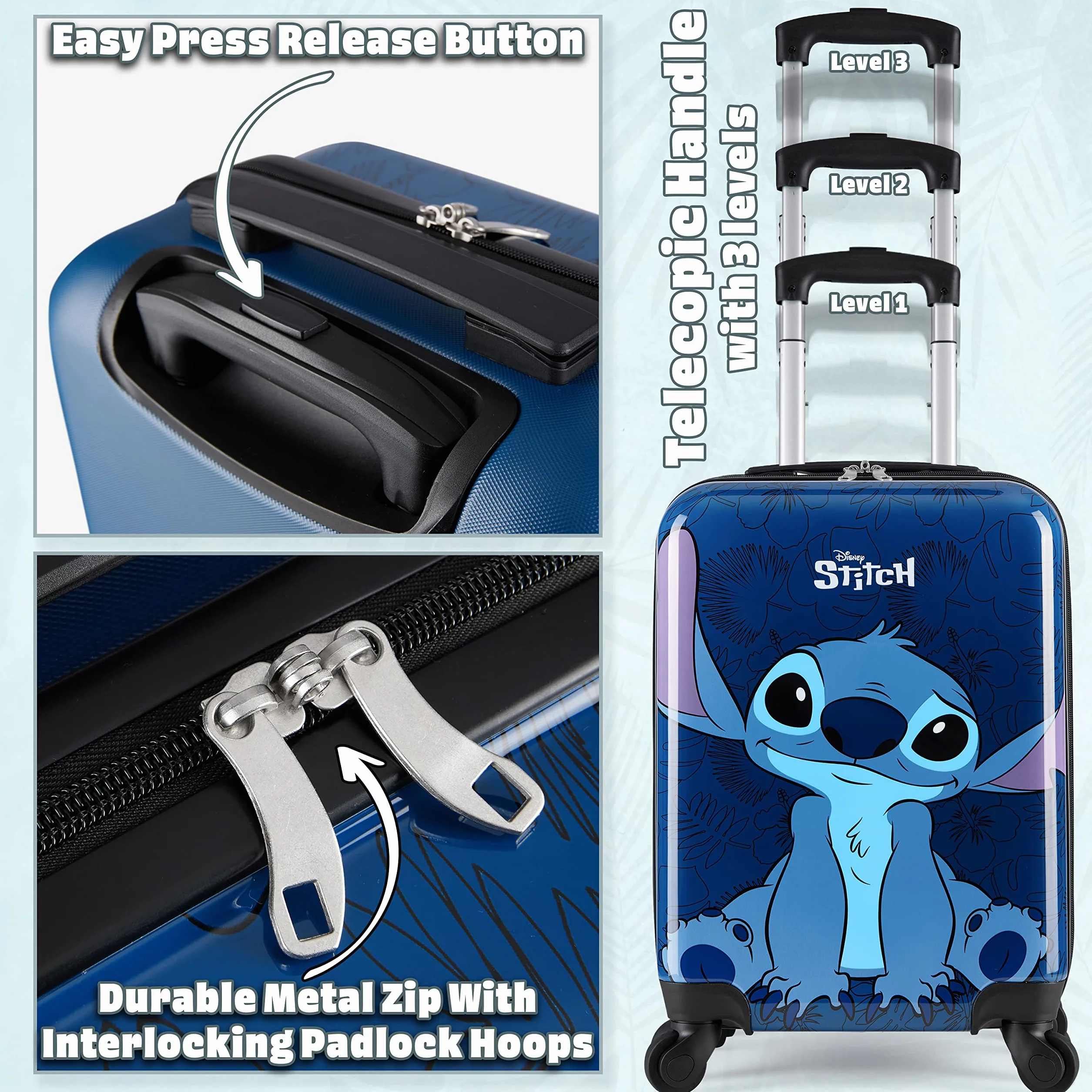 Disney Stitch Valigia Rigida 49 Centimetri 30 Litri con 4 Ruote - Regalo per Bambini (S (L49cm x W33cm - 30L), Marina)
