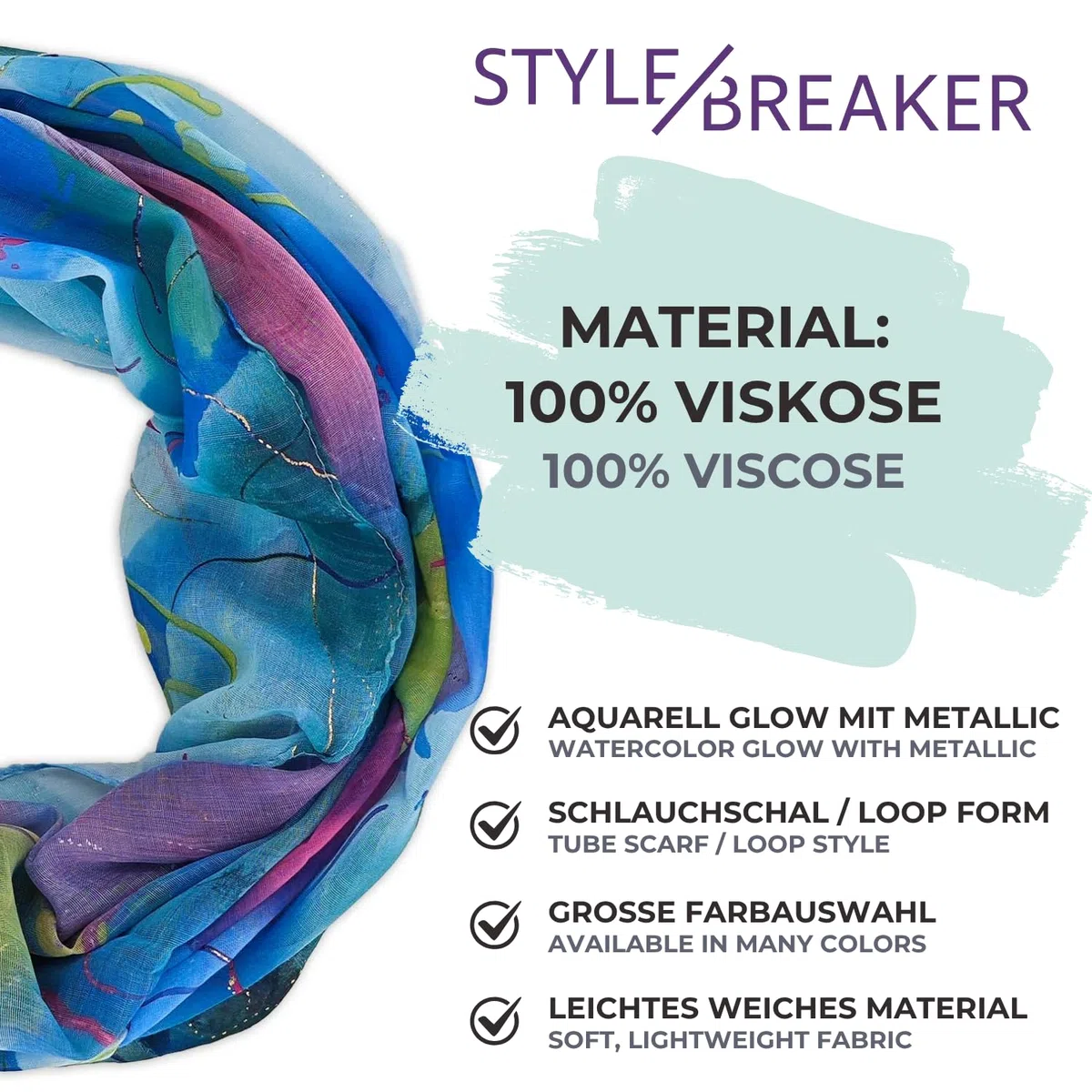 styleBREAKER sciarpa ad anello da donna Aquarell Glow con accenti metallici | sciarpa leggera, morbida, fluida e traspirante per la primavera e l'estate