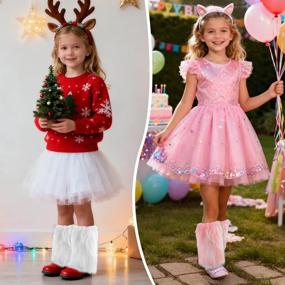 EQLEF Scaldatori per gambe in pelliccia per bambini 6-10 anni, Scaldatori per gambe invernali in pelliccia per bambini con fodera Stivali in elastici Mancette per festa in costume