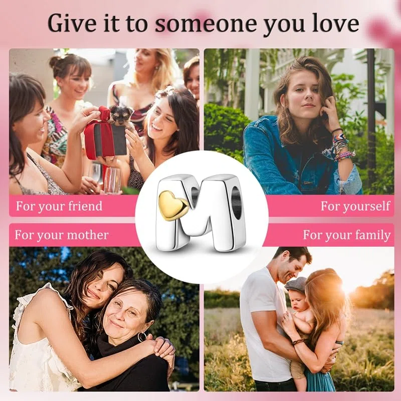 Bead Charm Ciondolo Argento Sterling 925 Lettere con Cubic Zirconia Pendenti per Pandora Braccialetti, Compatibile con Braccialetti e Collane europei