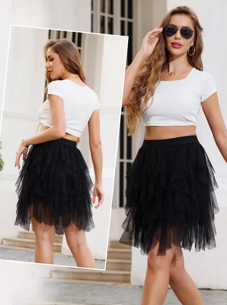 Wikoan Gonna in Tulle Trasparente da Donna Abito Asimmetrico alla Moda con Fodera Gonna a Pieghe Stile Principessa