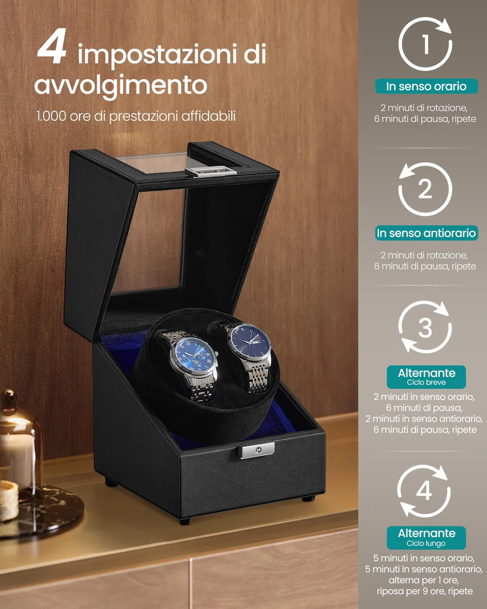 SONGMICS Carica Orologi, Caricatore Automatico Doppio per 1 Orologio con Motore Silenzioso, con LED, Cuscino Regolabile, Chiusura, 4 Impostazioni, con un Cavo di Ricarica USB-C, Nero JWB031B01