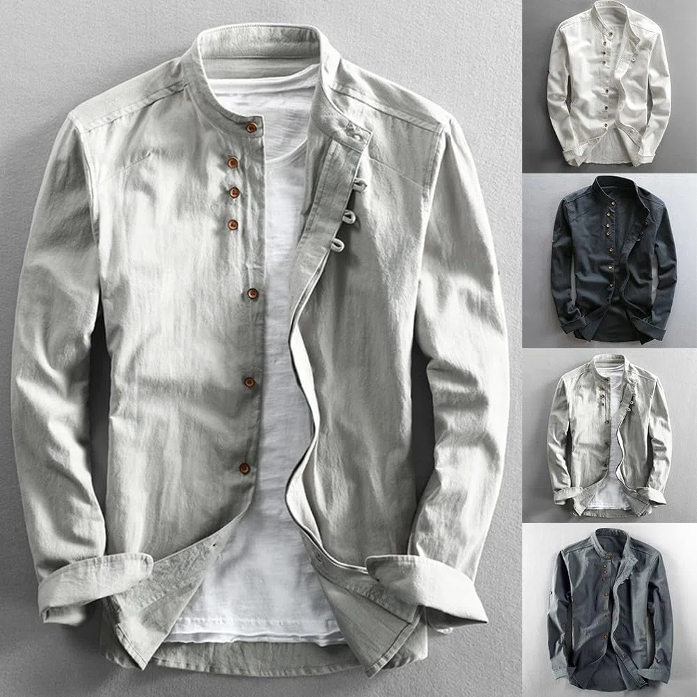 Camicia da uomo a maniche lunghe in cotone e lino, look professionale, con colletto alla coreana su misura (M, blu navy)