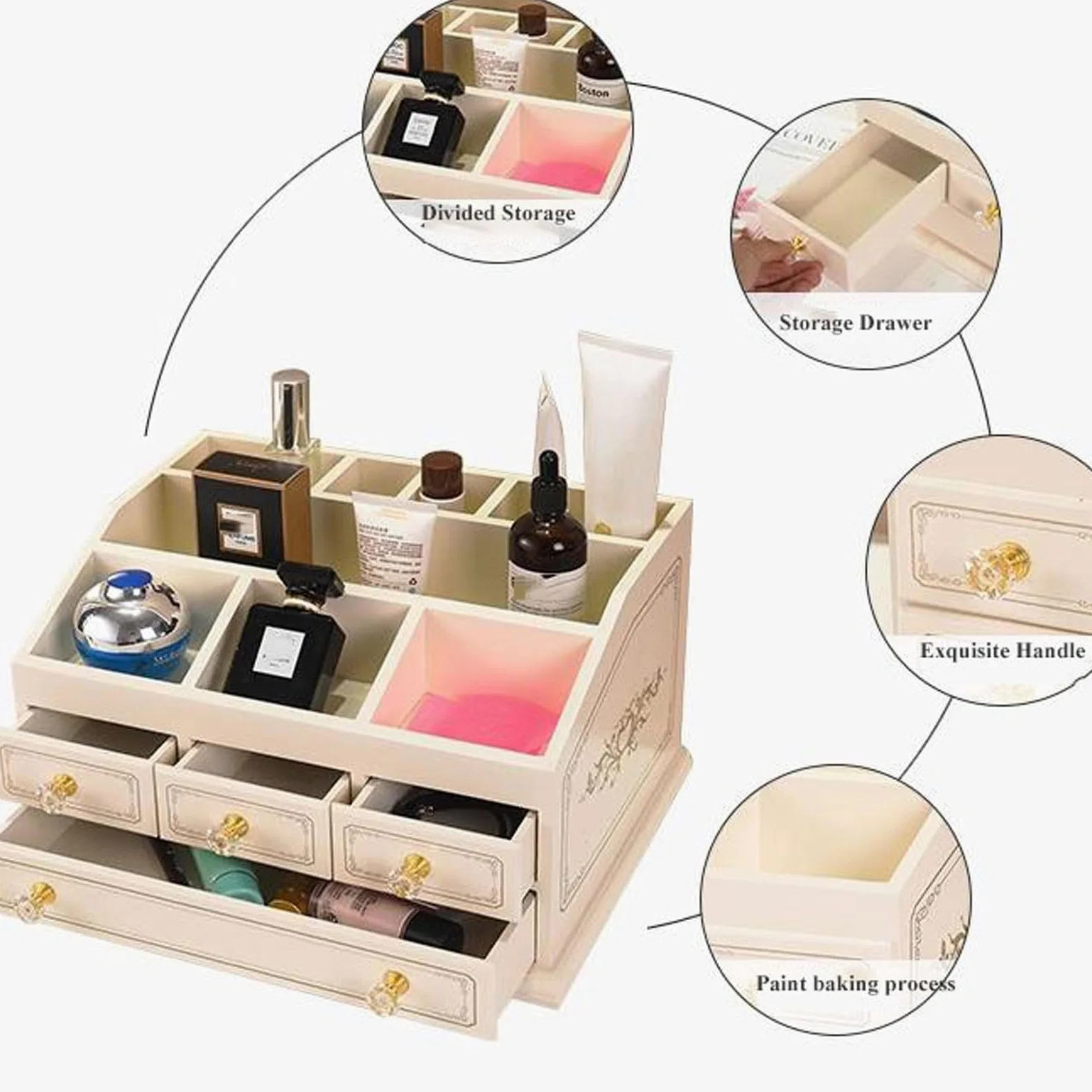 Beauty case in legno per trucchi, con 3 cassetti, organizer per cosmetici, porta pennelli da trucco per comò e bagno