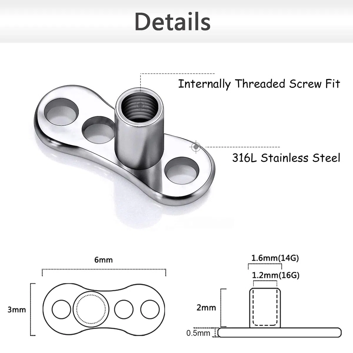 PunkTracker Kit per piercing dermico in acciaio chirurgico 316L, 10 pezzi, con opale e filettatura interna dorata
