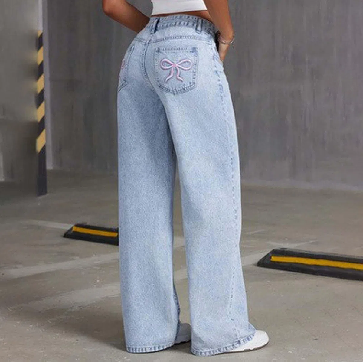 WWricotta Pantaloni, Jeans A Gamba Dritta A Vita Alta per Ragazze con Fiocco Ricamato, Casual Carini per L'uso Quotidiano, Comodi in Denim Larghi per Adolescenti, Confortevole E Stiloso