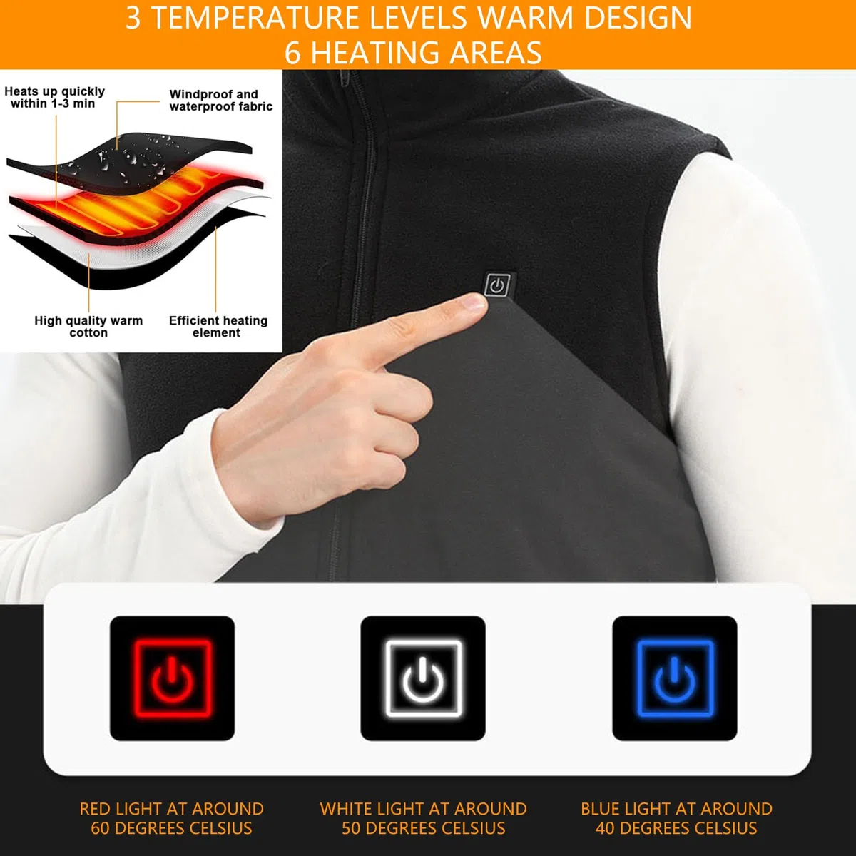Riscaldamento elettrico Gilet 3 Temp Gear Rapido Calore In Minuti Tessuto Elasticizzato Per Sollievo Vita Uso Esterno Usb Riscaldato