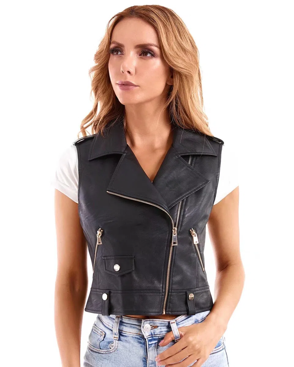 DIASHINY Gilet in ecopelle per donna pelle da senza maniche Gilet moto senza maniche con risvolto Biker Gilet