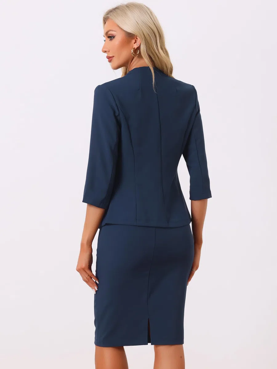 Allegra K Donna Set Gonna da Lavoro per Gonna A Tubino Blazer Senza Colletto in 2 Pezzi da Ufficio Blu Navy S