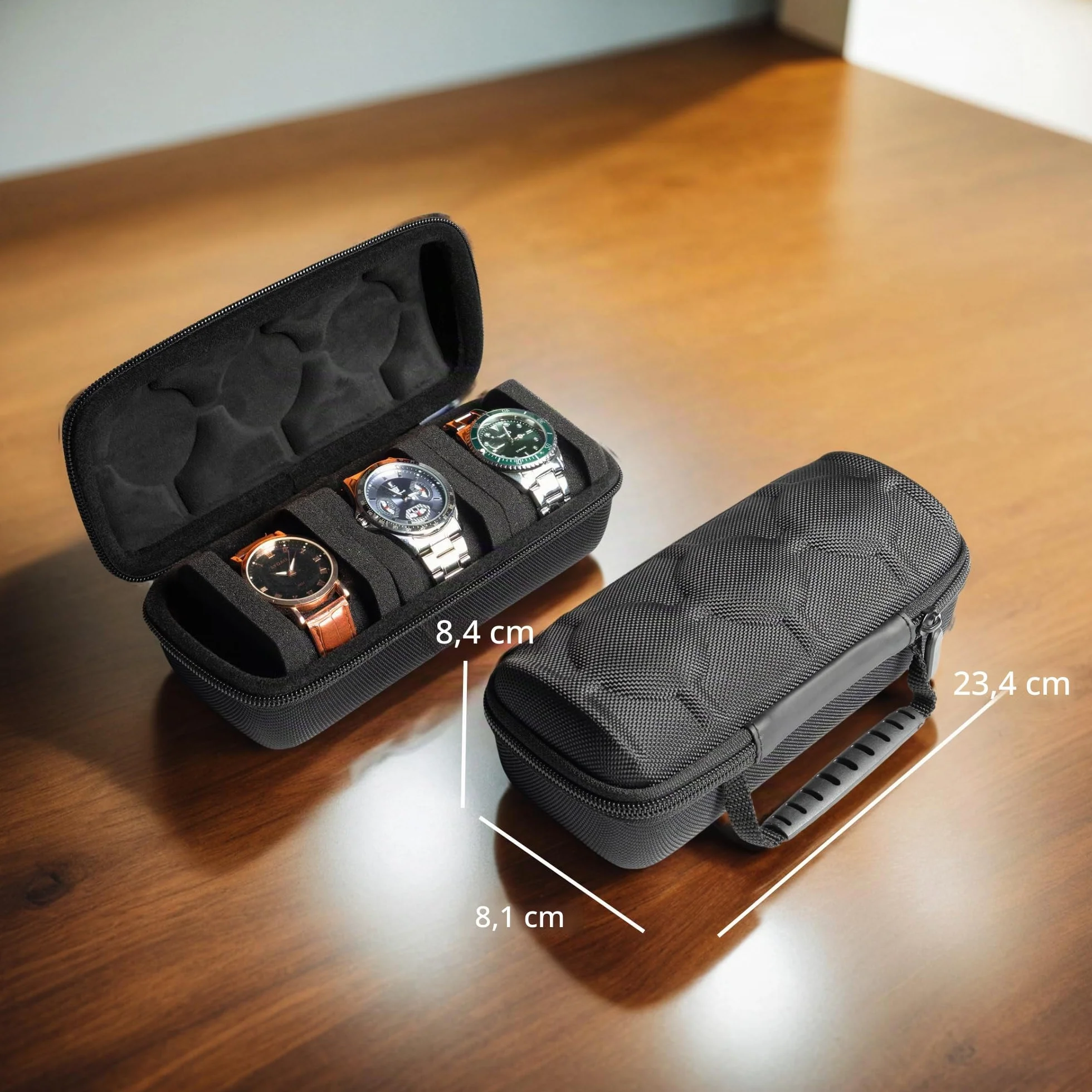 Custodia rigida da viaggio per orologi a 3 scomparti, custodia arrotolabile per orologi e organizer per uomini e donne, con cuscino anti-movimento (tessuto nero 3 slot)
