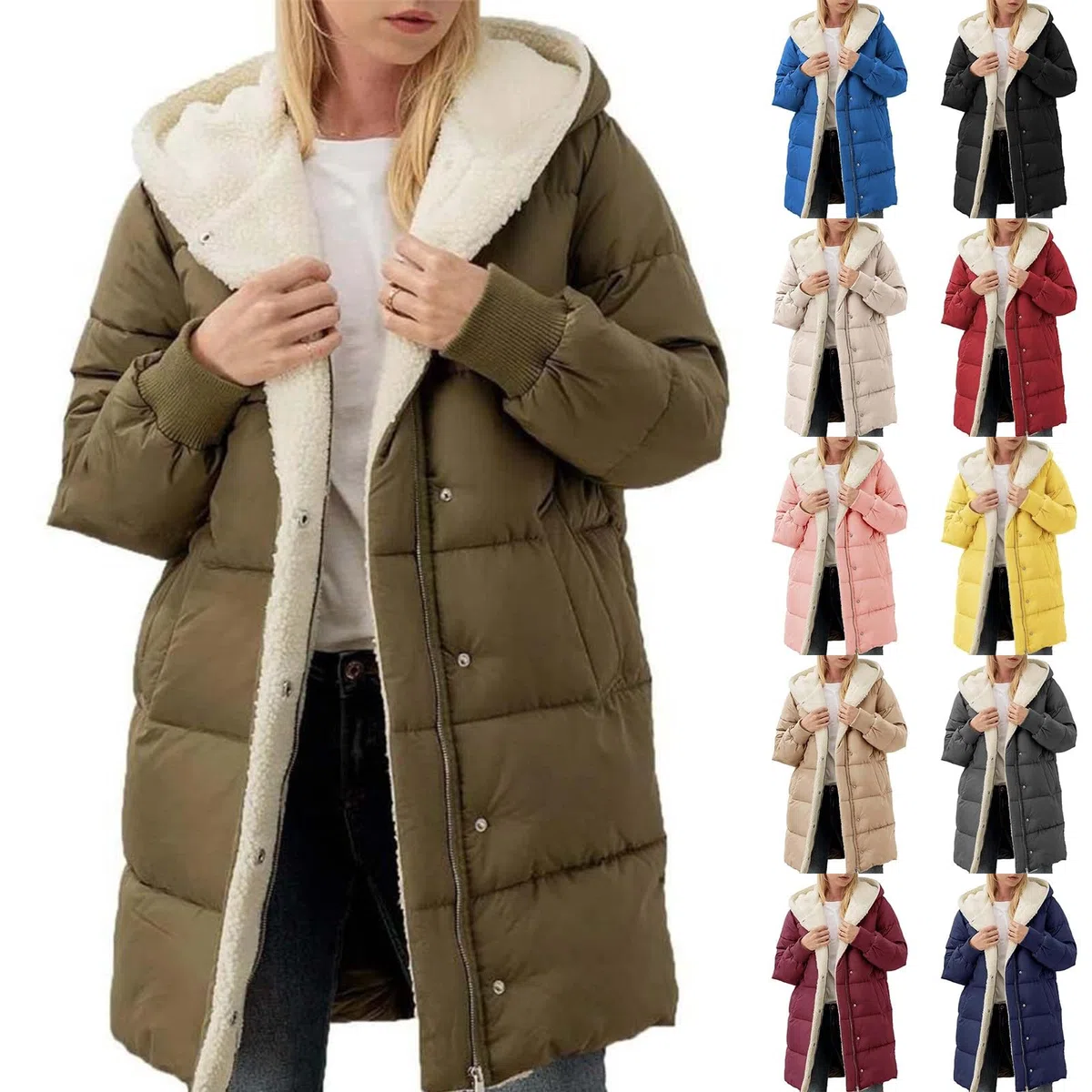 Piumino da donna, lungo, invernale, in pile, da donna, con cappuccio, per attività all'aperto, invernale, con calda imbottitura, con chiusura lampo, morbido, in tinta unita, per le mezze stagioni