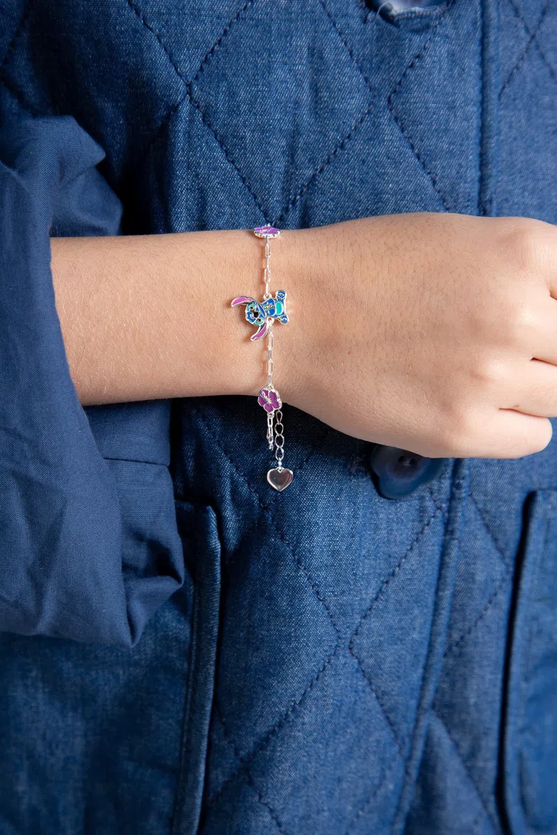 Disney Bracciale Stitch e Fiori Ibisco in Argento 925, con Smalto Colorato, Dimensione Regolabile 13-17 cm, Adatto per Donne e Bambine, Pronto da Regalare, Gioielli Ufficiali