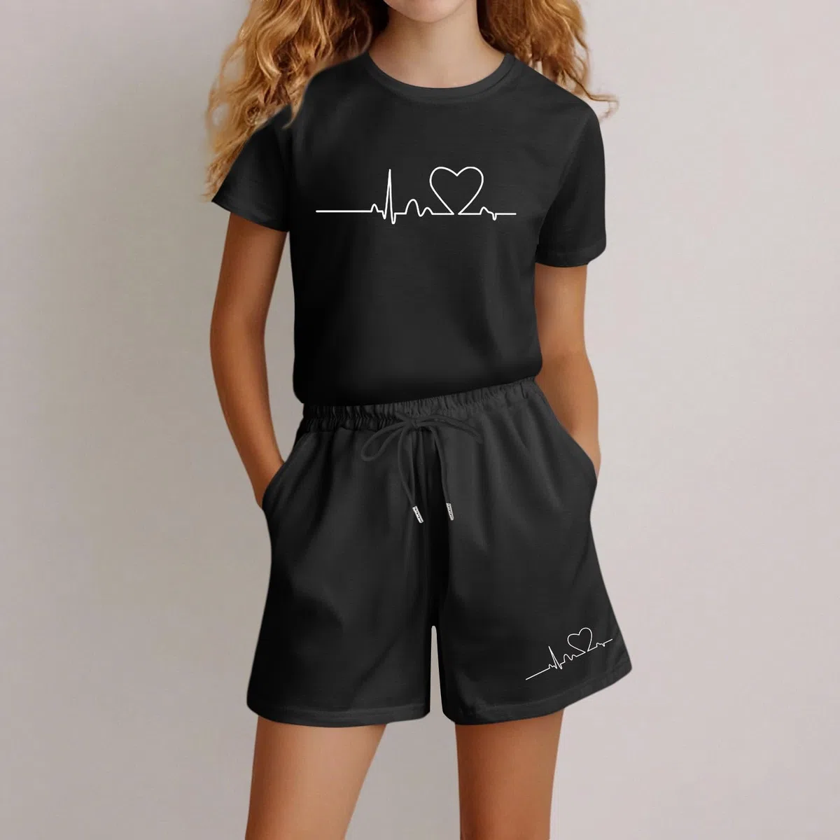 Generico Abbigliamento sportivo per bambina Tinta Unita Set Vestiti Coordinati Stampa Righe Estive Cotone e Lino Maglietta Pantaloncini Tuta Neonato Estate bambini di 5-14 anni