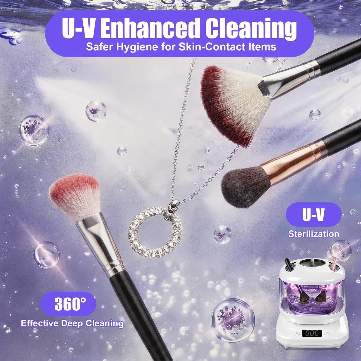 Macchina elettrica per la pulizia dei pennelli da trucco a ultrasuoni con U-V, spazzola cosmetica automatica per pulizia profonda portatile per set di pennelli da trucco di bellezza, pennello per fard