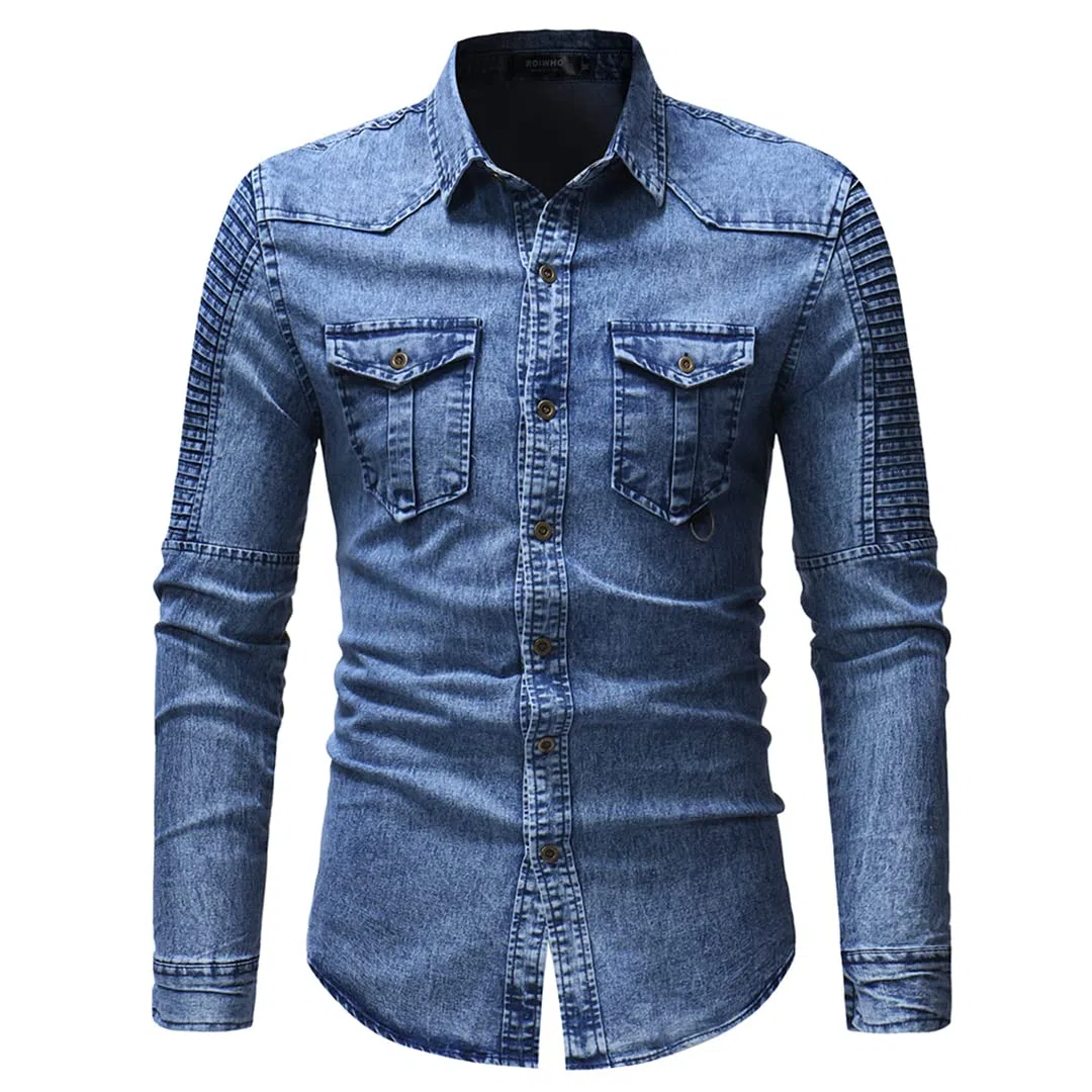 Camicia da lavoro casual da uomo in cotone a maniche lunghe con tasche frontali sul petto a due bottoni