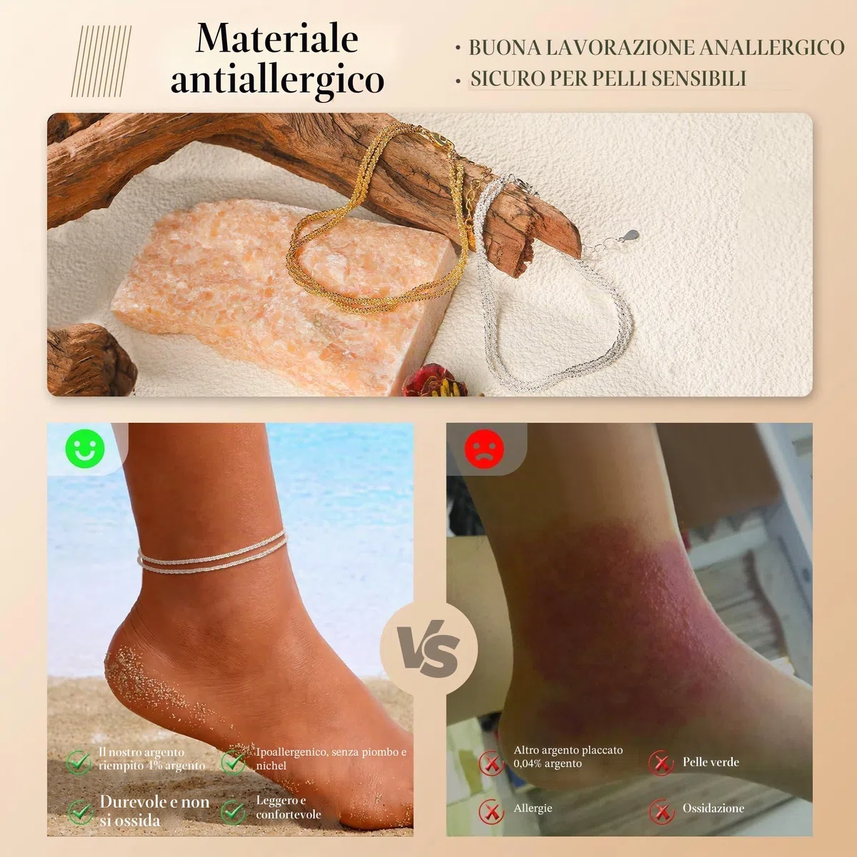 Kenivira Cavigliere da donna, cavigliera impermeabile a strati per donna regolabile, set di cavigliere con perline e link in corda, cavigliere da spiaggia per donna