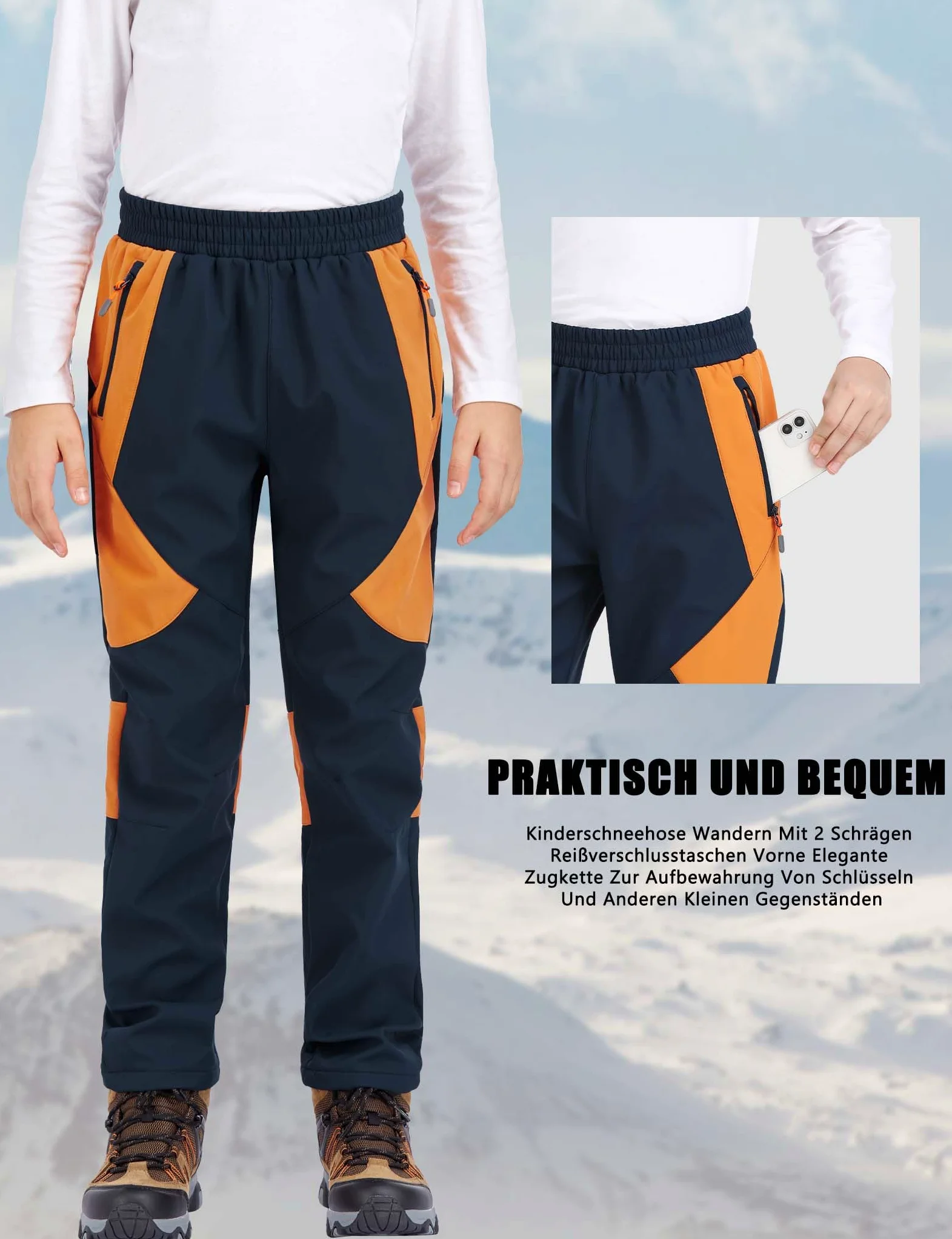 Pantaloni Impermeabili della Neve del Ragazzo Pantaloni Neve Elastici Vita Calda Pantaloni Isolati-Navy Blue+Orange-152-158