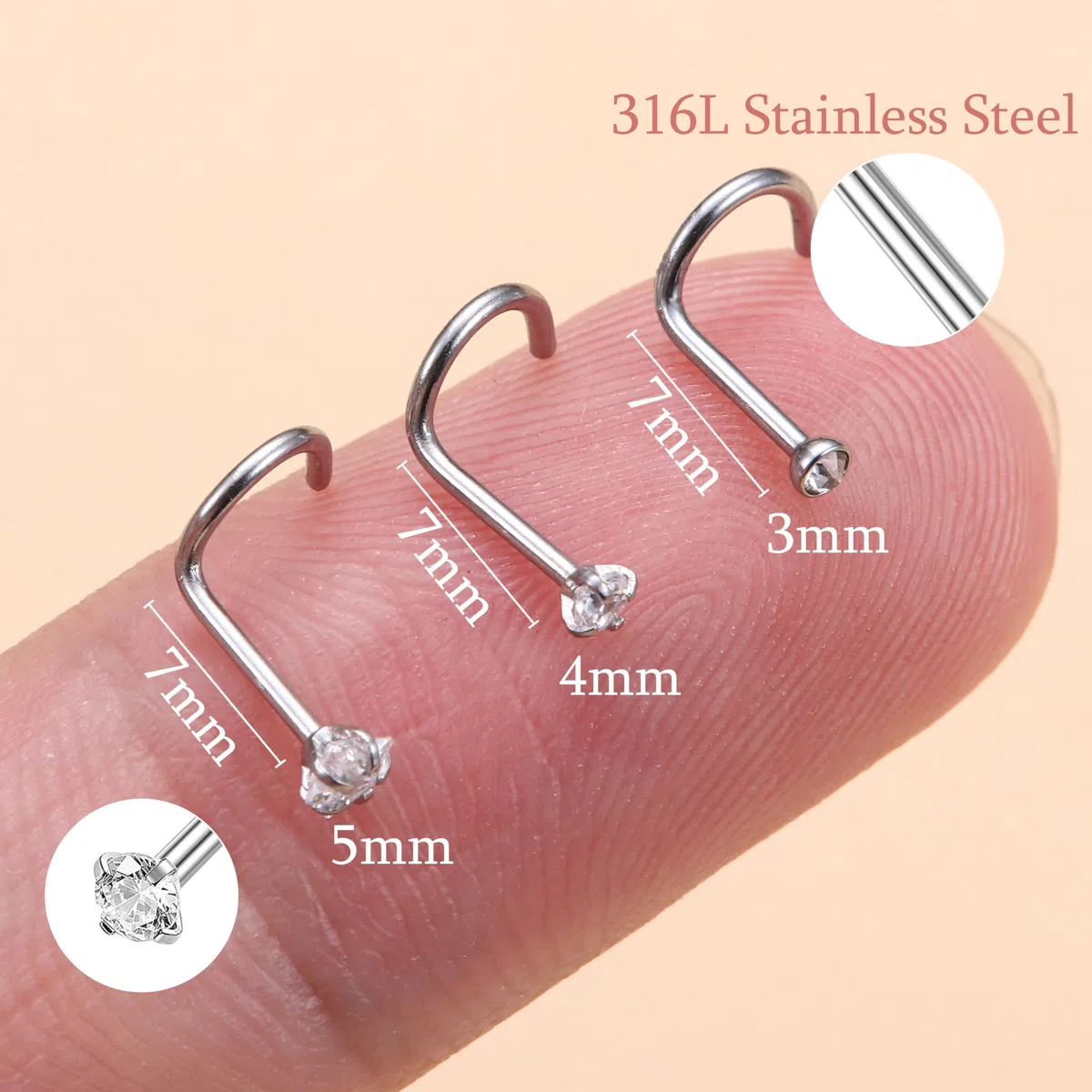 LOLIAS 20G Piercing Naso Acciaio Chirurgico Donna Uomo Nose Stud Ring Screw Piercing Naso Diamond CZ Brillantino Nostril Piercing Argento