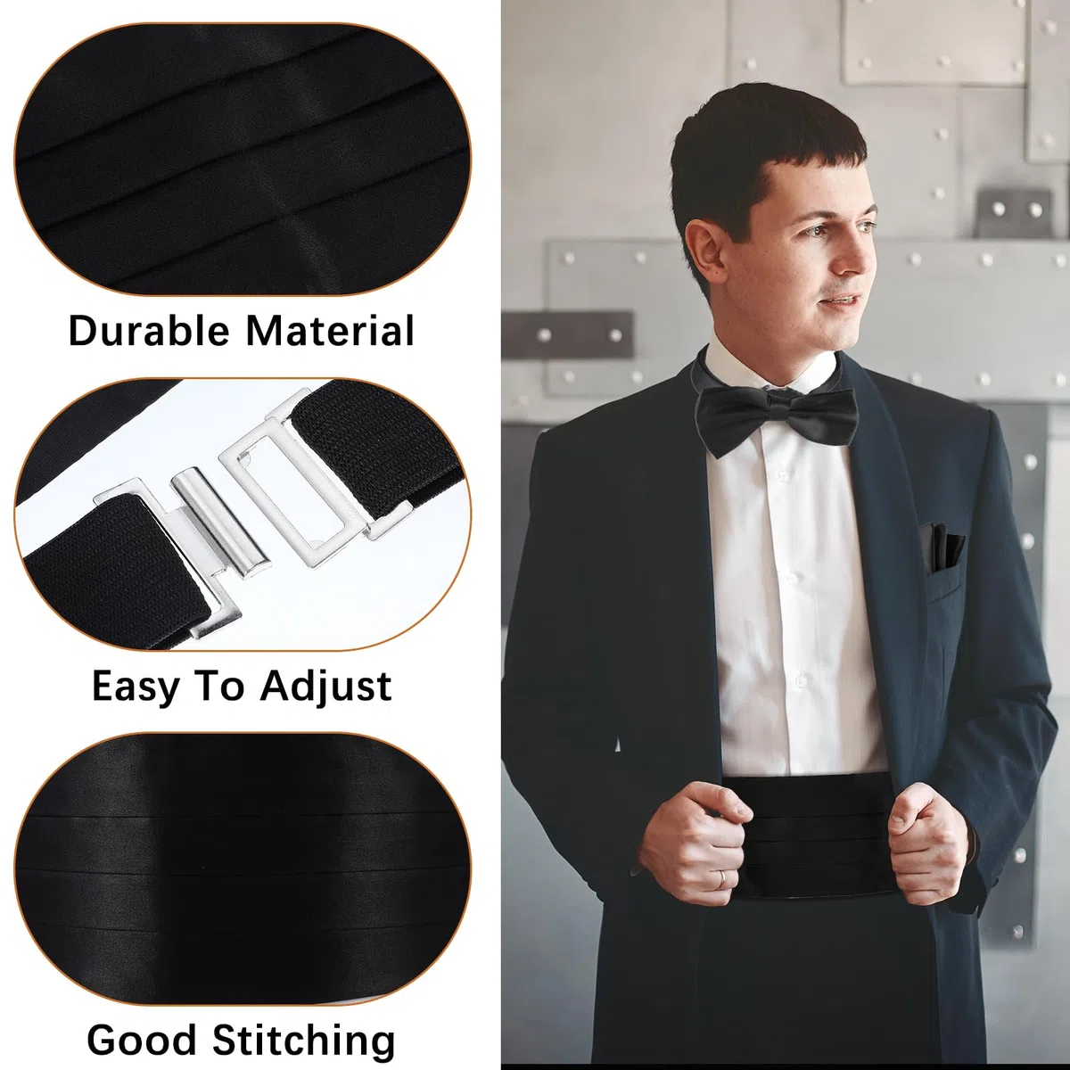 Lusofie Fascia da uomo in tinta unita nera con fascia regolabile per smoking, perfetta per matrimoni, balli ed eventi formali (nero)