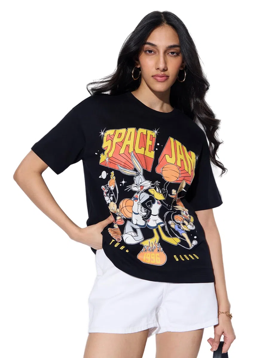 The Souled Store Looney Tunes: Space Jam T-shirt oversize da donna e ragazza a maniche corte girocollo in cotone stampato con grafica nera traspirante leggera streetwear
