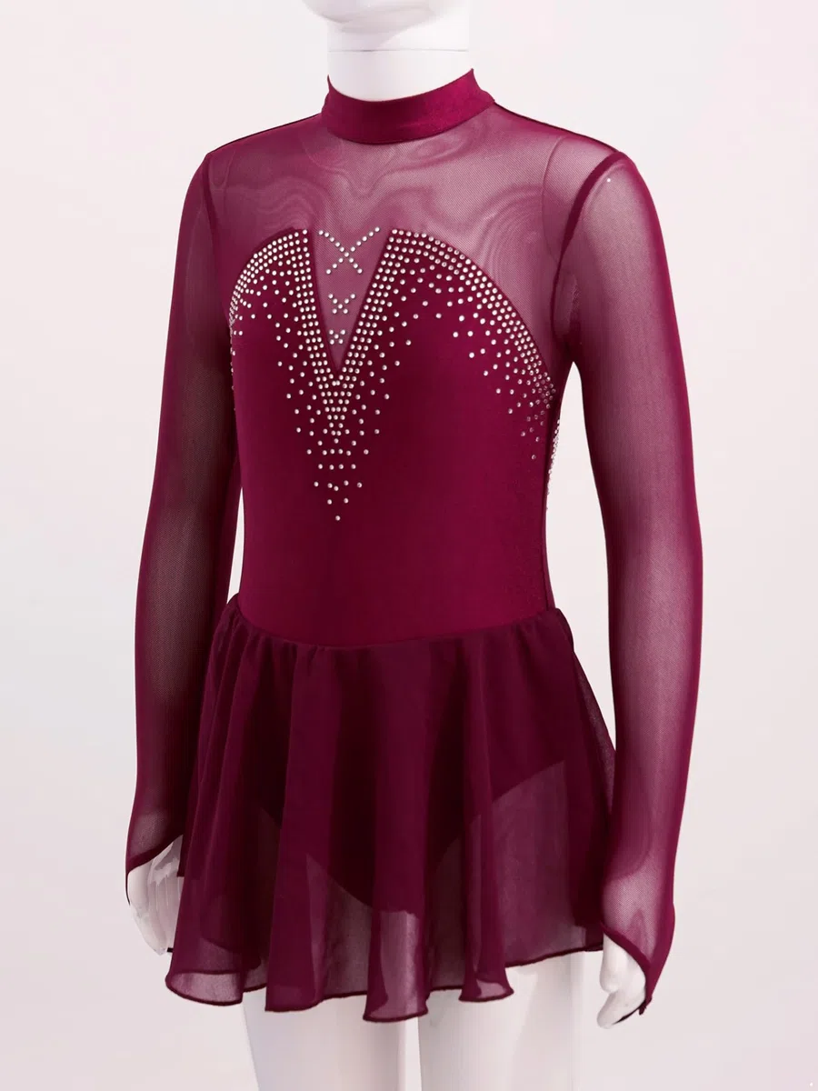 Bambina Bambina Abito Pattinaggio Artistico Strass Manica Lunga Abito Danza su Ghiaccio Body Ginnastica Brillante Costume Abbigliamento Danza Anni