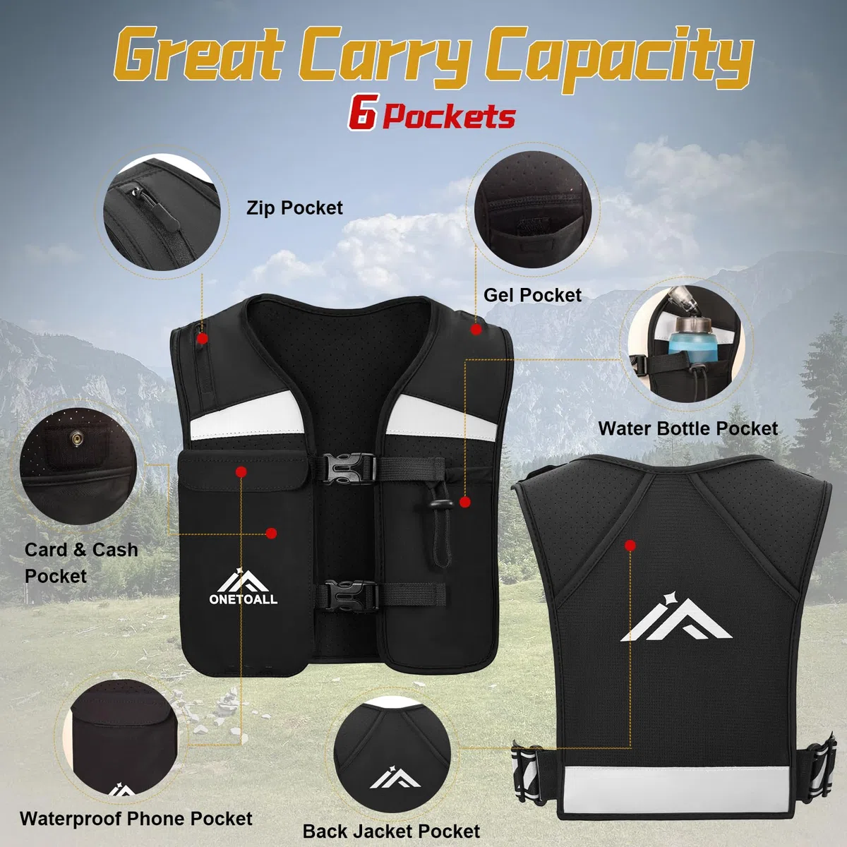 ONETOALL Gilet Running per Uomo e Donna, Running Vest Leggero e Traspirante, Zaino Trail Running per Porta Telefono Corsa con Multi-Tasche e Cintura Riflettente Regolabile, Sicurezza per Corsa