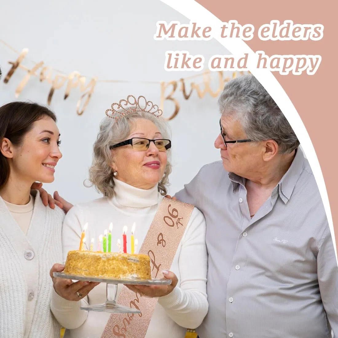 Fascia e Corona per Compleanno Donna, 90 Anni, Oro Rosa, Decorazioni per Torta, Regalo per il 90° Compleanno da Donna