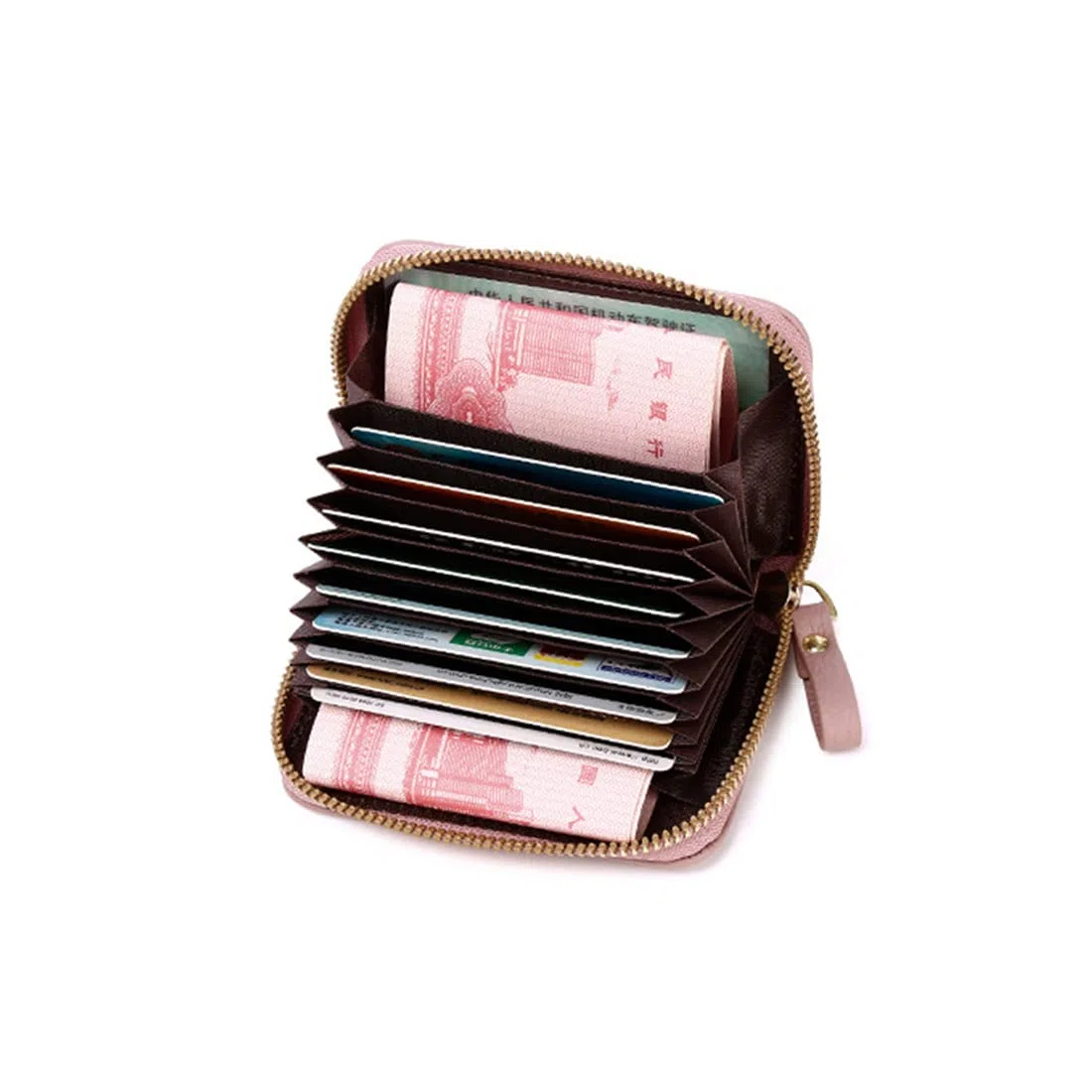 Porta carte di credito in pelle con blocco RFID, per carte di credito e banconote, con chiusura a zip in acciaio inox - Rosa