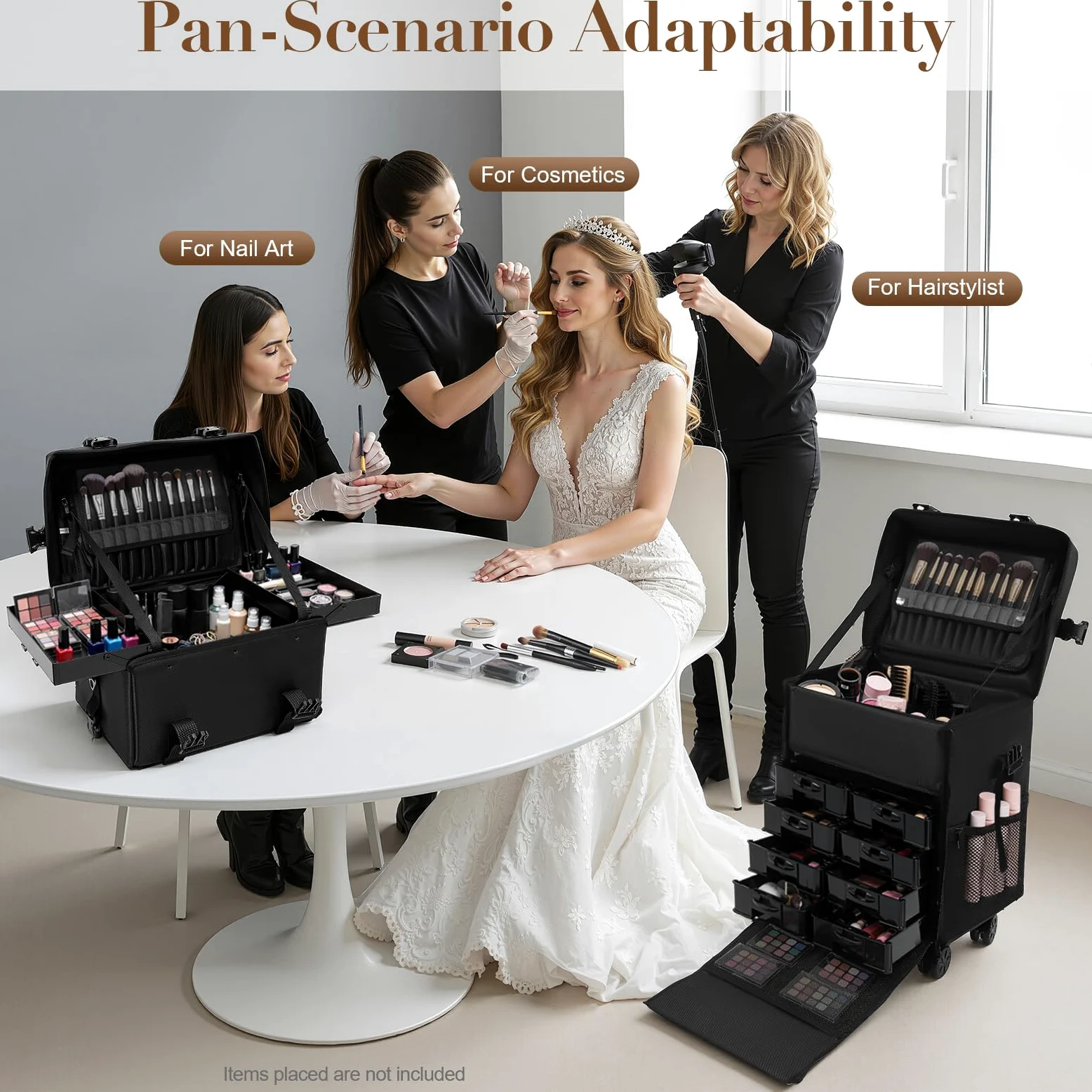 Valigetta cosmetica trolley 2 in 1 con 8 cassetti, grande trolley cosmetico con ruote, per trucchi, per viaggi, colore nero
