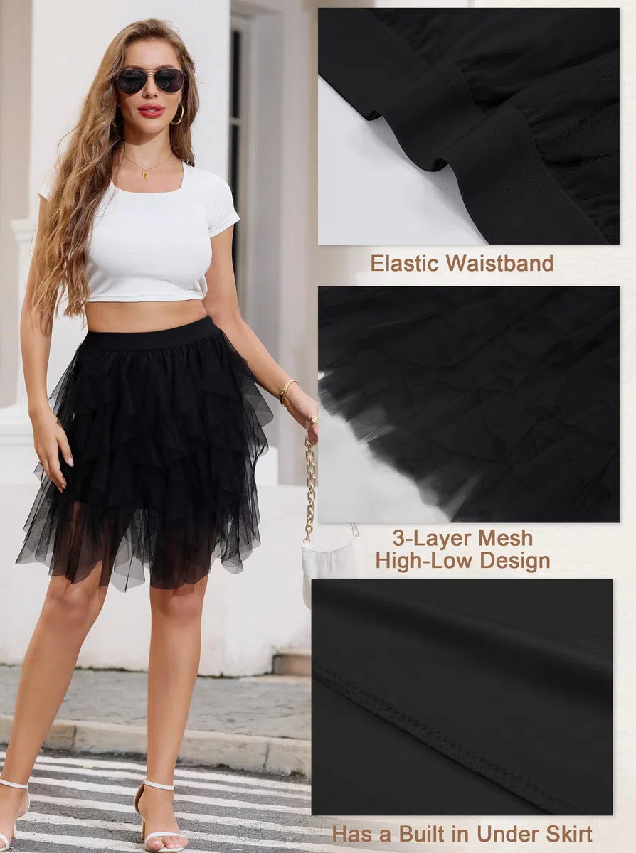 Wikoan Gonna in Tulle Trasparente da Donna Abito Asimmetrico alla Moda con Fodera Gonna a Pieghe Stile Principessa