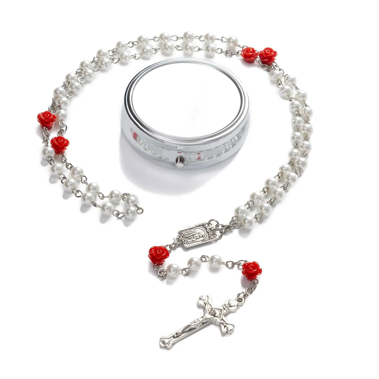 GlamRays Rosariene Pearls Catholic Confirmation Gifts for Teenage Girls Silver Simple Style Metal Gift Box White Imitation Pearl Rosary