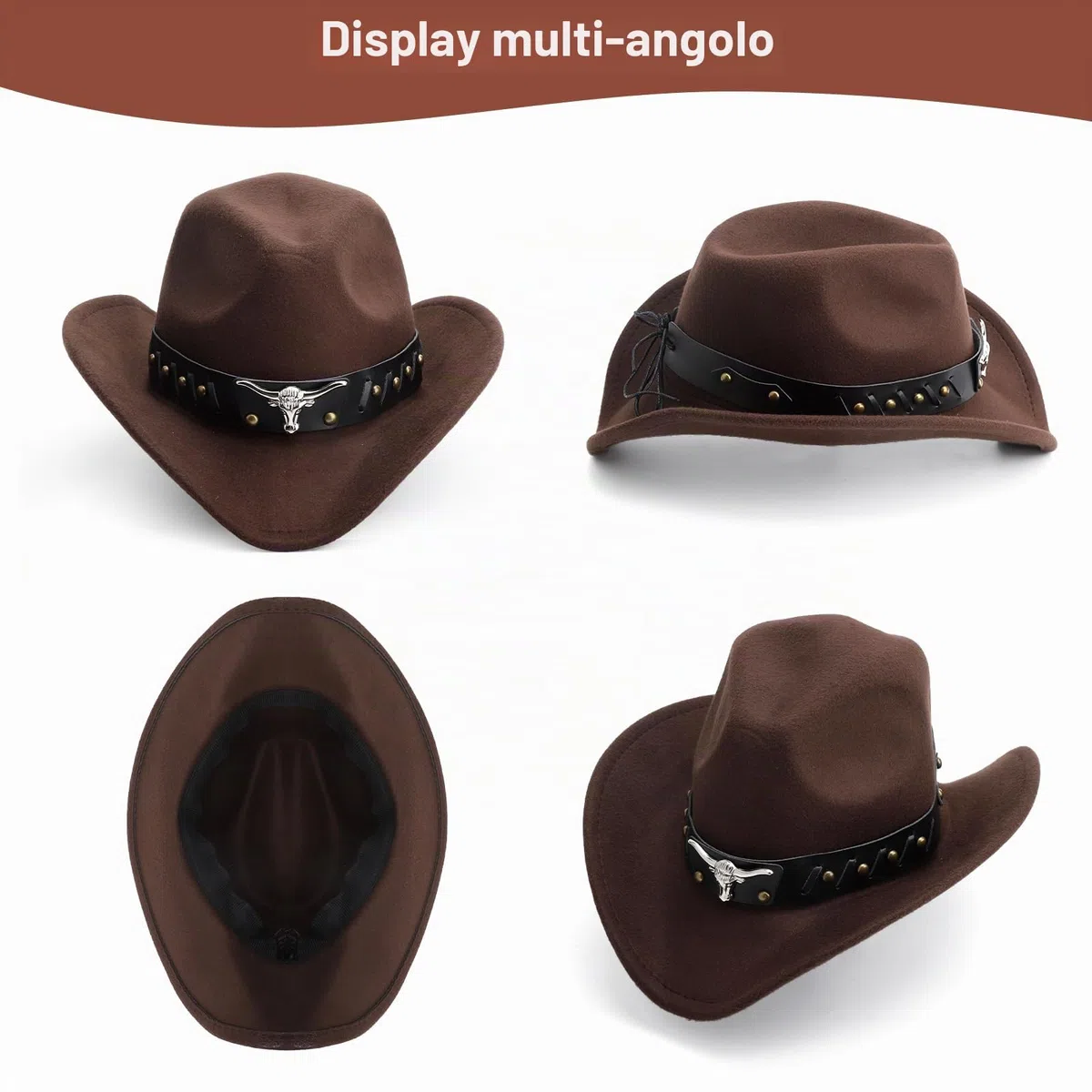 HENGBIRD Marrone Cappello Cowboy Donna,Cappello Uomo,Cappello Donna,con Applicazione a Testa di Toro e Fascia Regolabile (56-60 cm) per Giardinaggio e Feste a Tema,gita al Mare