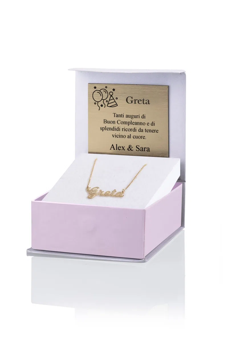 Sakrami Collana con Nome Personalizzabile in Oro 9KT Kids Collection + Confezione Regalo Personalizzata - Collana per Nascita Comunione o Battesimo