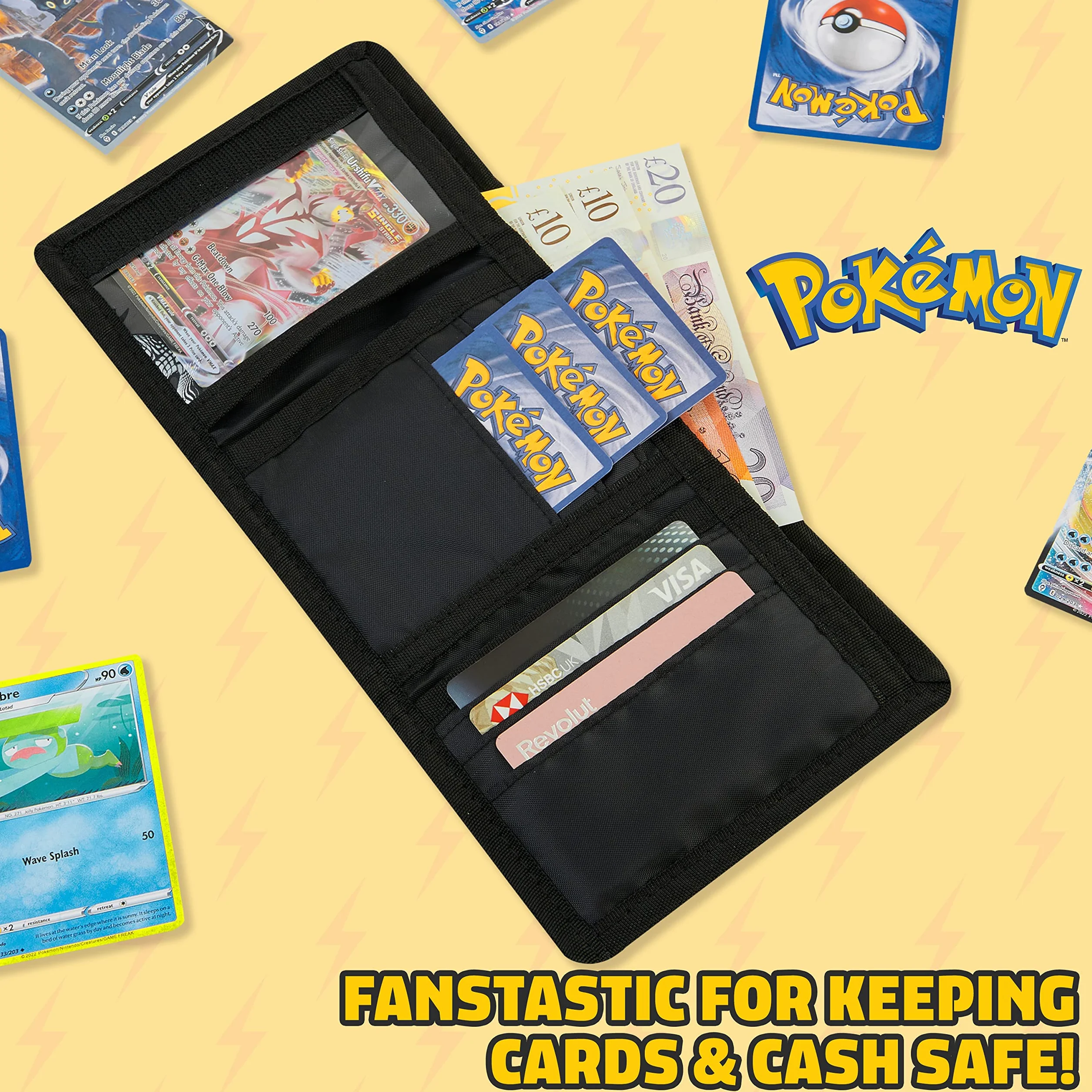 Pokémon Portafoglio Bambino Pikachu Portafogli Ragazzo Trifold con Porta Carta D'identità Portamonete Bambino e Anello Portachiavi Divertenti (Nero/Giallo)