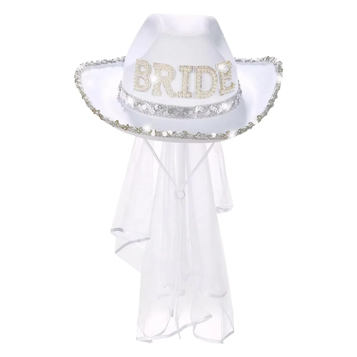 Cappello da cowgirl da sposa con velo Cappello da sposa glitterato da cowgirl bianco con sottogola regolabile Cowboy per addio al nubilato, decorazione