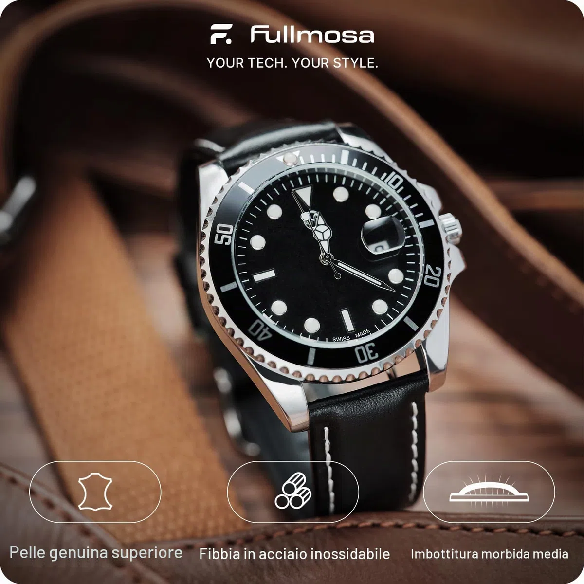 Fullmosa Cinturino per Orologio 24mm 22mm 20mm 19mm 18mm 16mm 14mm per Uomo e Donna, Sgancio Rapido, Cinturini di Ricambio in Pelle Smartwatch Compatible con Samsung Galaxy Watch/Garmin,Nero 22mm