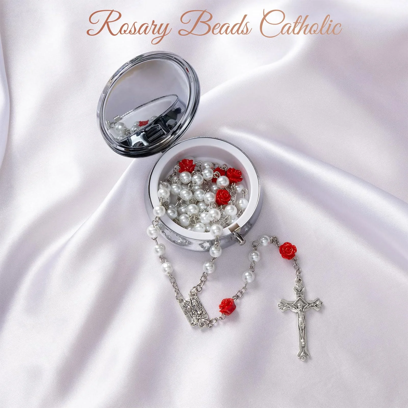 GlamRays Rosariene Pearls Catholic Confirmation Gifts for Teenage Girls Silver Simple Style Metal Gift Box White Imitation Pearl Rosary