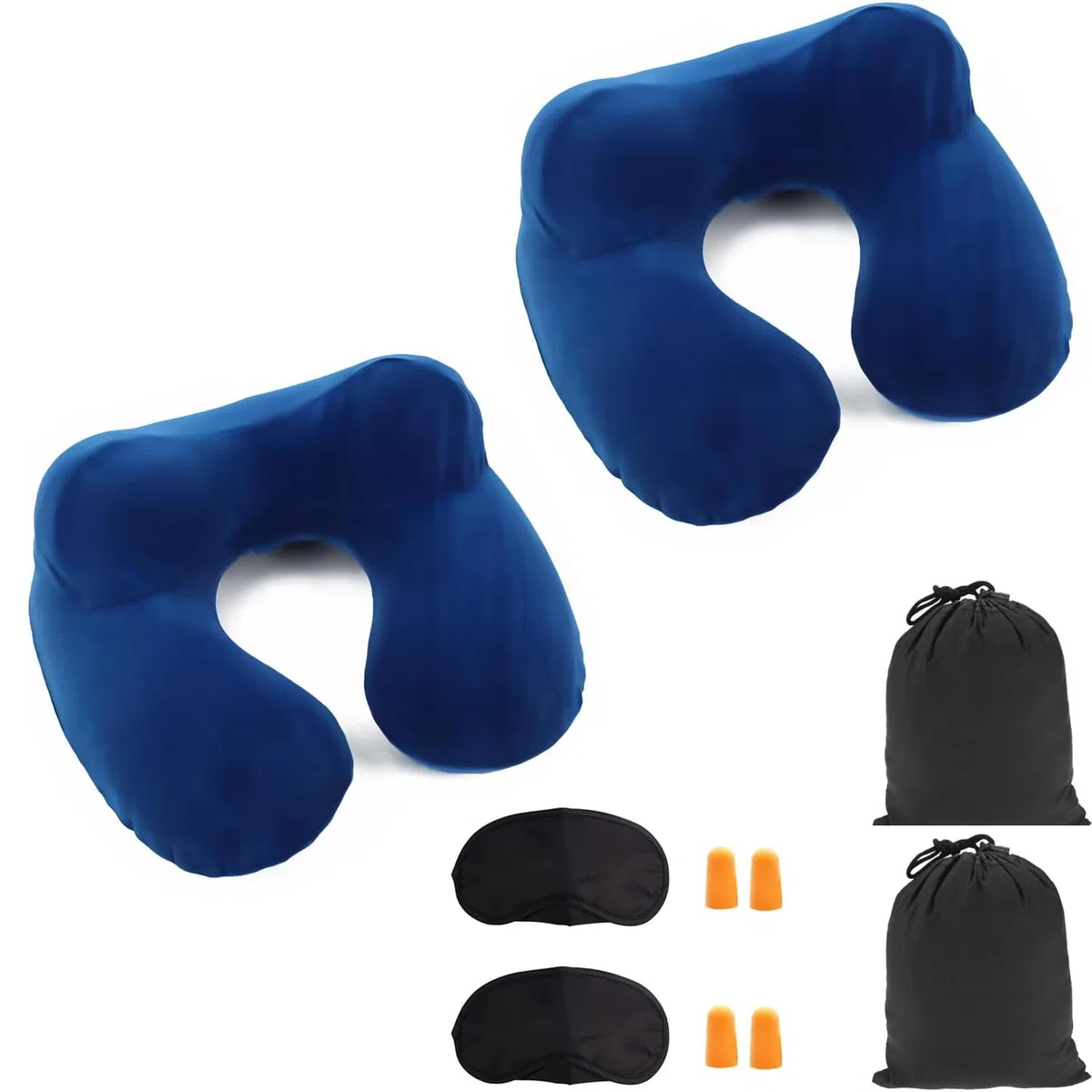 Cuscino da Viaggio Gonfiabile a 2 Supporti,Cuscino per il Collo Ergonomico con Tappi per le Orecchie e Maschera per gli Occhi Ideale per viaggiare in aereo,auto e treno (2PCS blu)