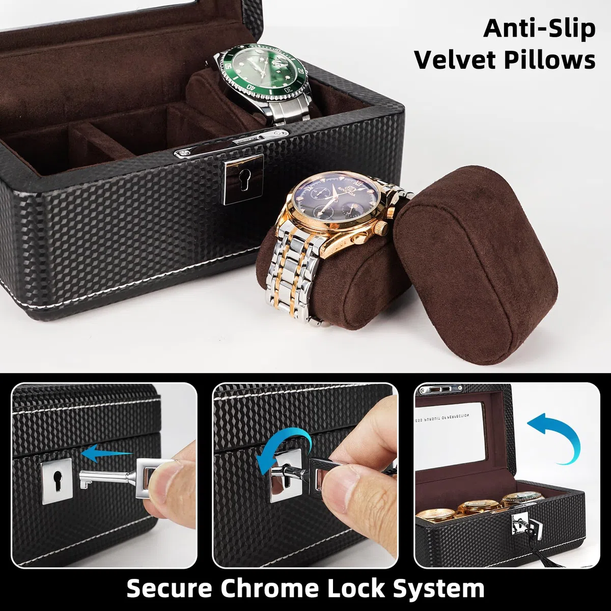 Scatola per orologi in pelle di alta qualità in fibra di carbonio per 3 orologi, con serratura, portatile, con vetrina, regalo ideale per collezionisti di orologi, viaggiatori, in velluto