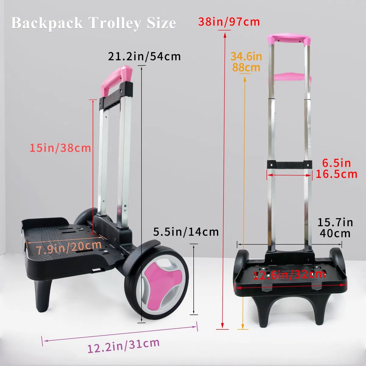 Carrello trolley con ruote per salire le scale, telaio pieghevole in alluminio, manico regolabile e capacità di 34,9 kg, ruote grandi silenziose con paraspigoli, colore rosa, adatto per borse da