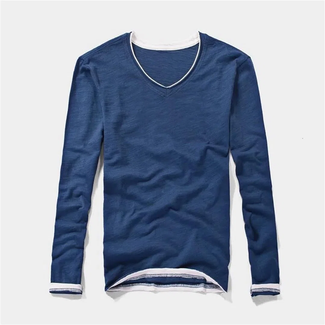 Maglietta da uomo in stile vintage con scollo a V, a maniche lunghe, look a strati, leggera, traspirante, traspirante