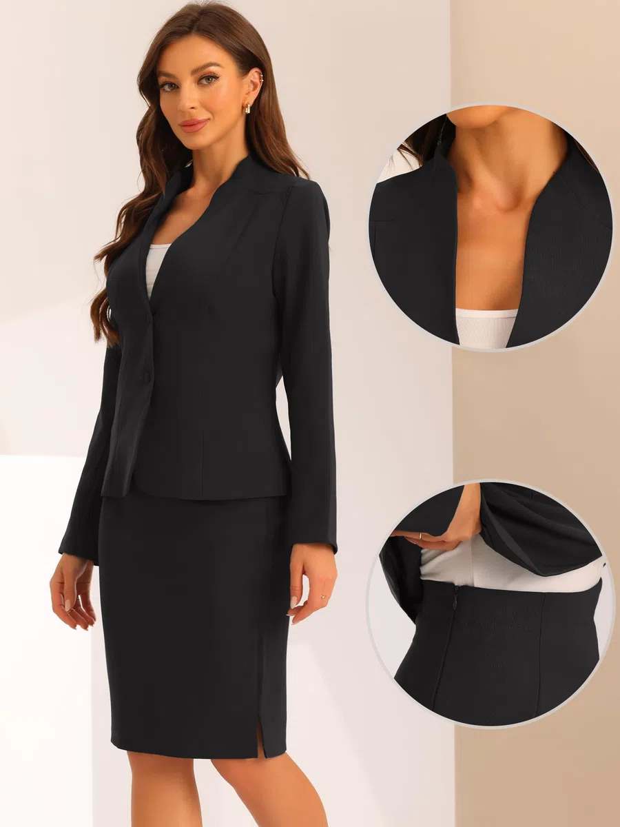 Allegra K Donna Set da Lavoro da 2 Pezzi per Blazer Senza Colletto E Abito Formale con Gonna A Tubino